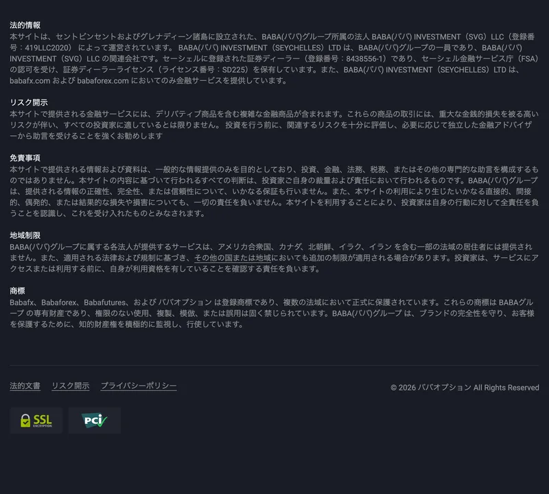 BABAオプションはセントビンセントのBABA INVESTMENT (SVG) LLCが運営と記す法的情報