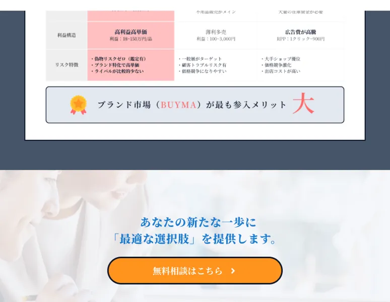 自動出品や無在庫の一本やりでは月利30万円ほどで頭打ちになり壁にぶつかると説明する広告ページ