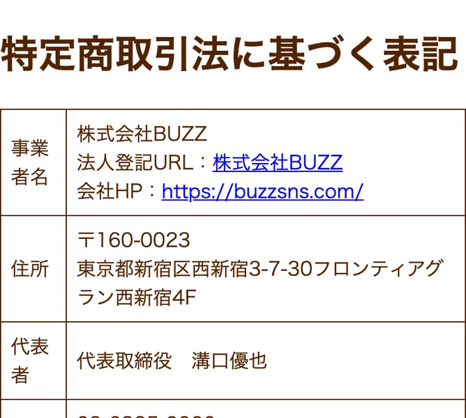 特商法ページ。事業者名は株式会社BUZZ、住所は東京都新宿区西新宿、代表者は代表取締役の溝口優也と記載されている