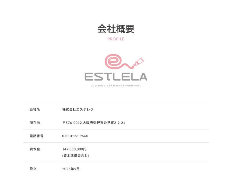 株式会社エステレラの会社概要。所在地は大阪府交野市、代表は薬剤師の垣内重慶氏