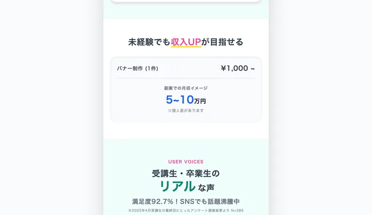 受講生満足度92.7%とうたい、卒業生の体験談が並ぶFammの受講生の声