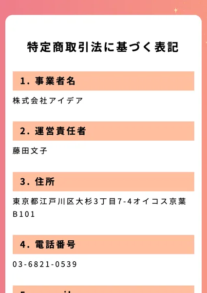 案内先マニュアルの特定商取引法ページ。株式会社アイデアと記載されている