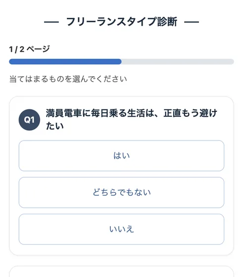 フリーランスタイプ診断の質問画面。満員電車に毎日乗る生活は避けたいか、はい・いいえで答える