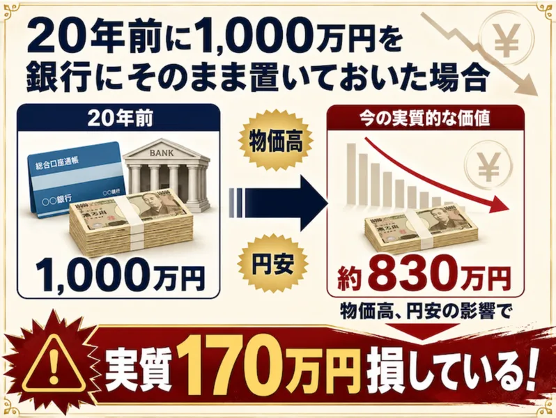 20年前に1000万円を銀行に置くと物価高と円安で約830万円になり実質170万円損していると煽る広告画像
