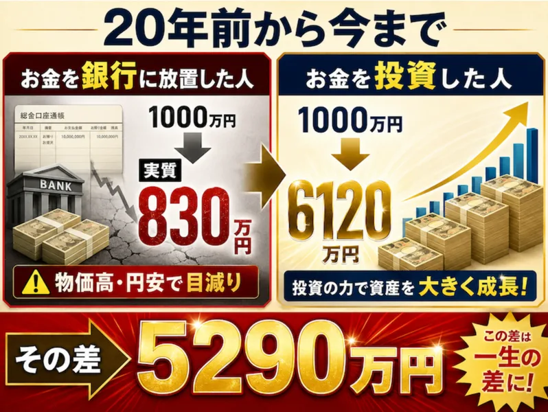 銀行に放置すると830万円だが投資した人は6120万円になりその差は5290万円だと強調する広告画像