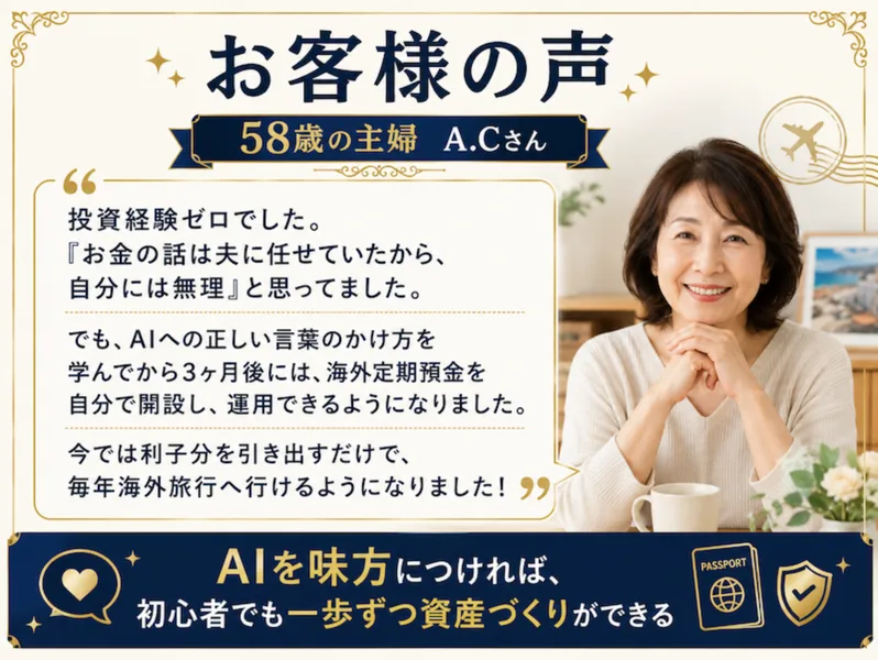 投資経験ゼロだったがAIへの質問の仕方を学び3ヶ月後に海外定期預金を運用できるようになったという58歳主婦の体験談