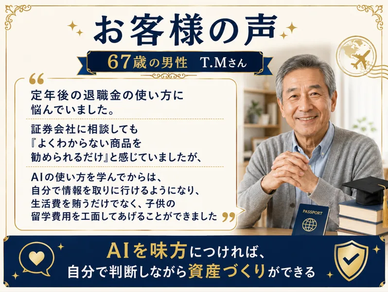 定年後の退職金の使い方に悩んでいたが、AIの使い方を学んでから子供の留学費用も工面できたという67歳男性の体験談