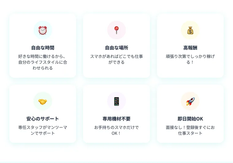 自由な時間、自由な場所、高報酬、頑張り次第でしっかり稼げるとアイコン付きで並べた広告の説明