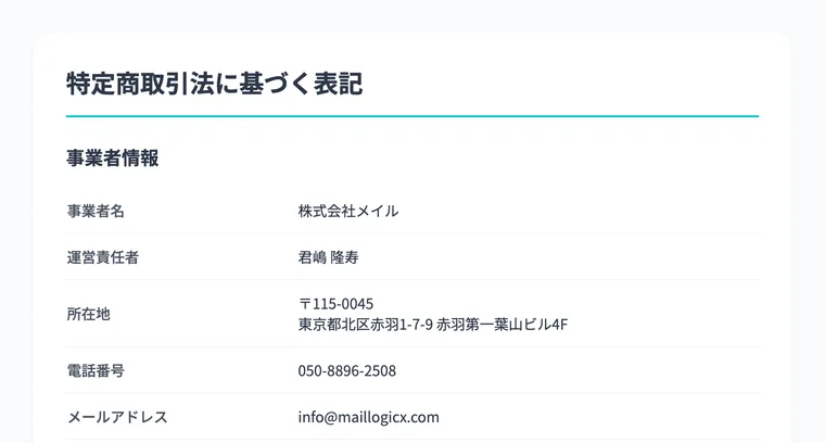 事業者名は株式会社メイル、運営責任者は君嶋隆寿、所在地は東京都北区赤羽と記載された特商法のページ