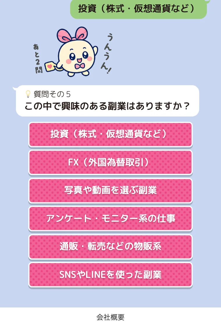 副業診断の質問。投資・FX・物販・SNS副業など、興味のあるジャンルを選ばせている