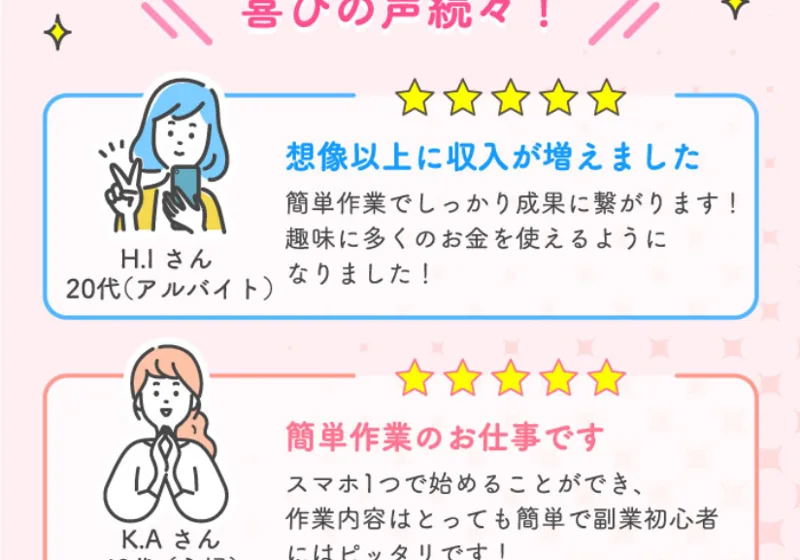 「想像以上に収入が増えました」など、星5つのレビューを並べた広告内の喜びの声