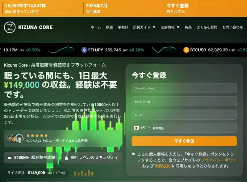 「眠っている間にも1日最大14万円の収益」「経験は不要」とうたうKizuna Coreの広告ページ