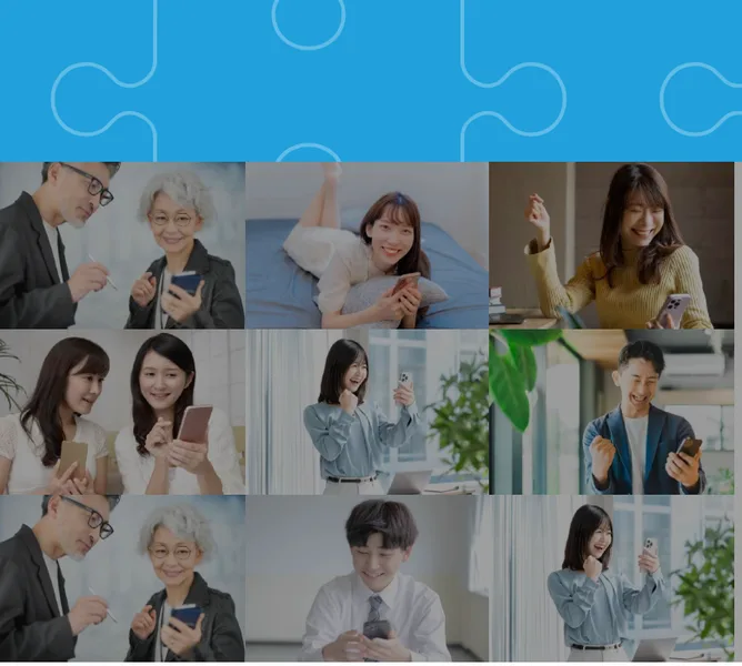 合同会社リストの広告に並ぶ、スマホを手にした利用者風の人物写真。実際の利用者の声ではなくイメージ画像が中心になっている