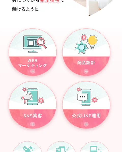 WEBマーケティング・商品設計・SNS集客・公式LINE運用など、ママキャンスクールで学べる6つのWEBスキルをアイコンで示した紹介画面