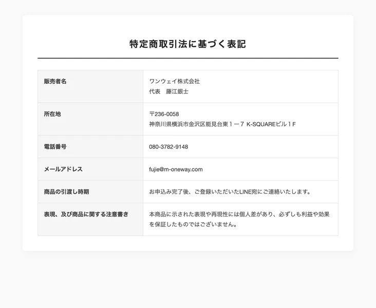 販売者名ワンウェイ株式会社、代表藤江銀士、所在地は神奈川県横浜市金沢区能見台東と記載された特定商取引法の表記