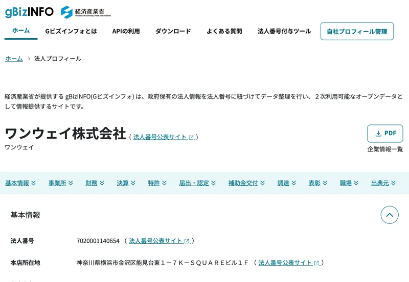 gBizINFOでワンウェイ株式会社が法人番号7020001140654で登録されている検索結果