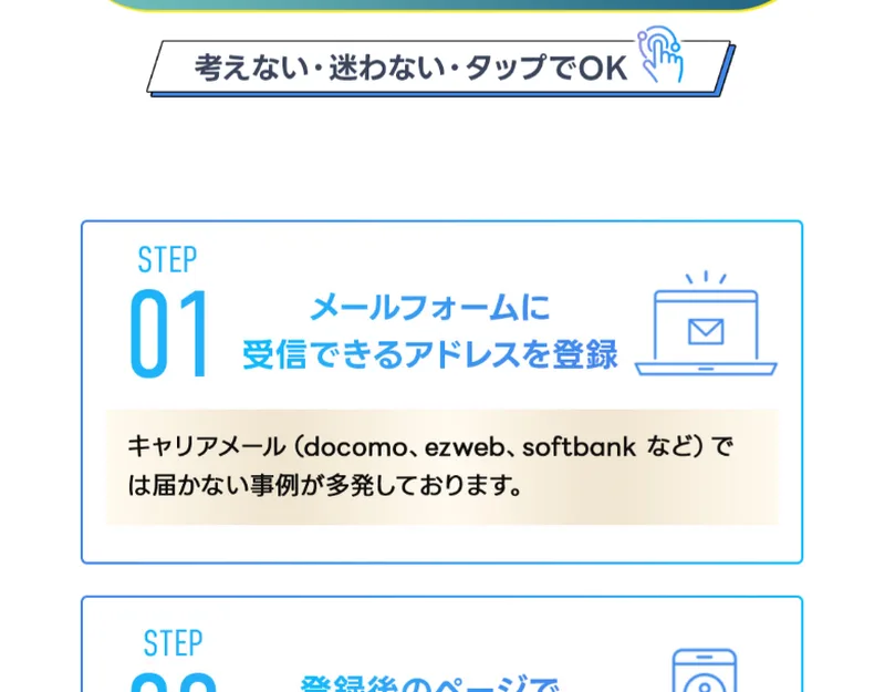 ステップ1でメールを登録し、ステップ2で公式LINEを友だち追加するよう案内する流れ図