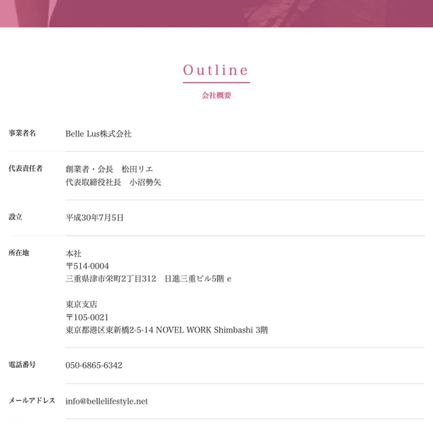 事業者名はBelle Lus株式会社、設立は平成30年7月5日、本社は三重県津市、電話番号やメールアドレスも記載された会社概要のページ