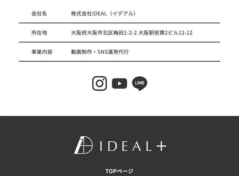 株式会社IDEALの会社概要。事業内容は動画制作・SNS運用代行と記載されている