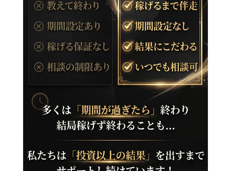 他社は「教えるだけ」だが自分たちは結果が出るまで伴走すると比較する広告ページ