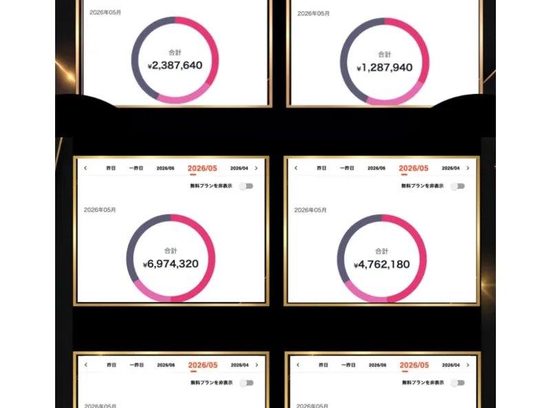 月の収益が697万円などと表示されたmyfansの収益画面を並べる広告ページ
