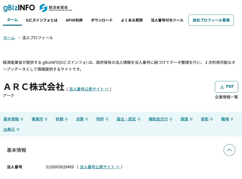 gBizINFOで法人番号5120003029409がARC株式会社へ商号変更されていることが分かる画面