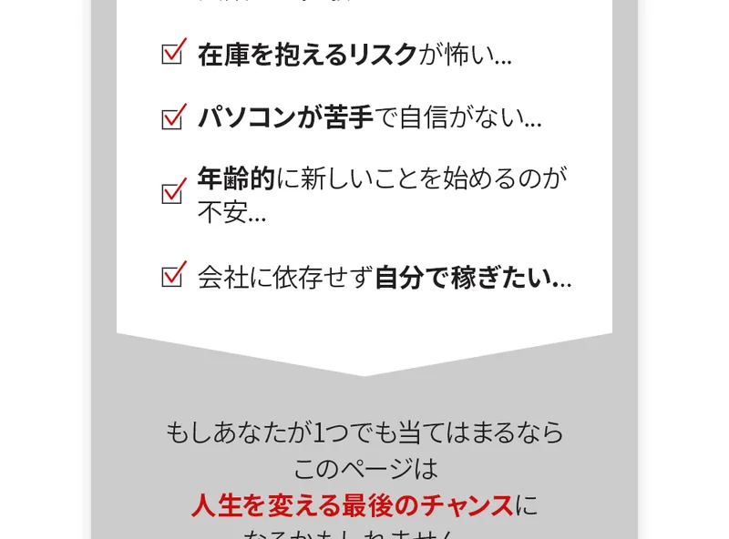 在庫リスクやパソコンが苦手といった不安を並べ、登録を促す何もしない物販の広告ページ