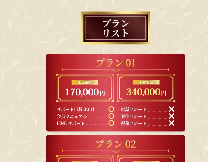 ナビワークスから進む申し込みページに、複数のプランが並んでいる様子