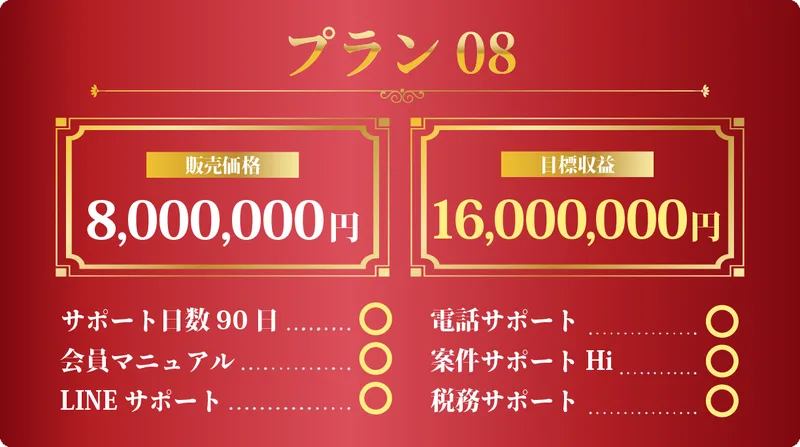 ナビワークスのプラン08。販売価格800万円、目標収益1,600万円と書かれた最上位プラン