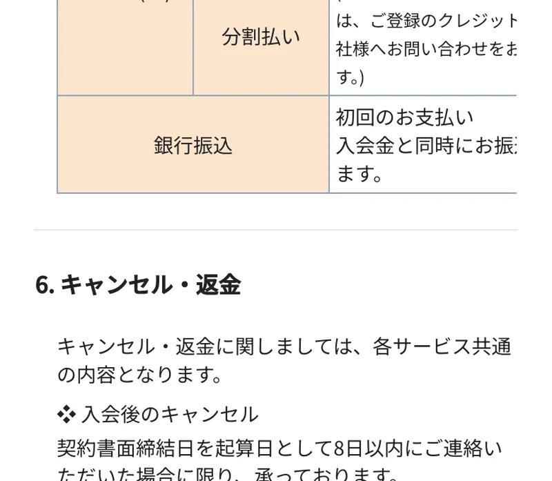 入会後のキャンセルや返金の条件について記載された、リモラボの規約