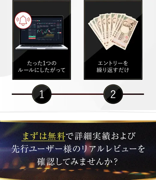 「たった2STEPで」と、ルールに沿って繰り返すだけで利益が出るかのように見せる説明