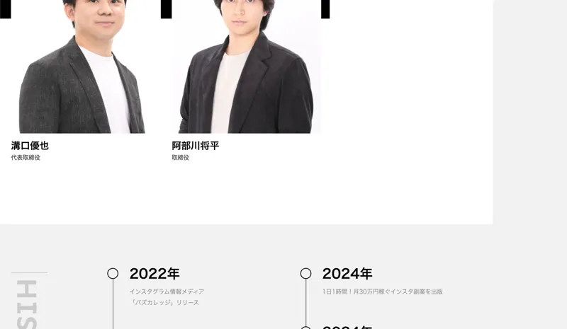 株式会社Buzzの会社概要に並ぶ、代表取締役 溝口優也さんを含むメンバーの紹介