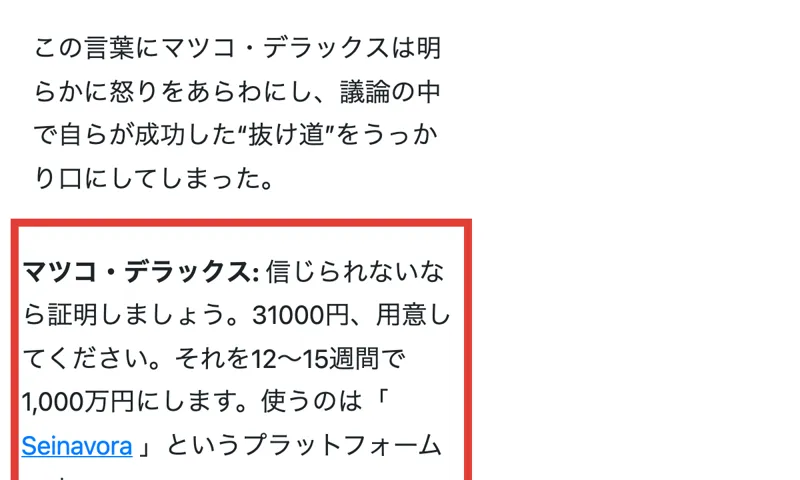 31000円を用意すれば12〜15週間で1000万円にすると語る、赤枠で囲んだ広告の主張部分