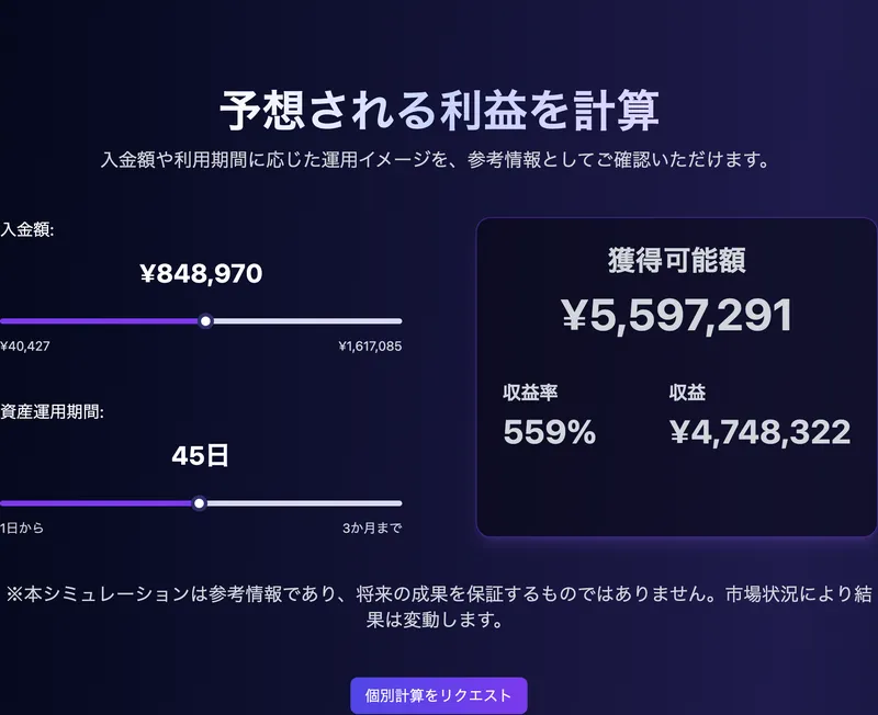 入金84万円が45日で約560万円に増え、収益率559%と表示する公式サイトのシミュレーション画面