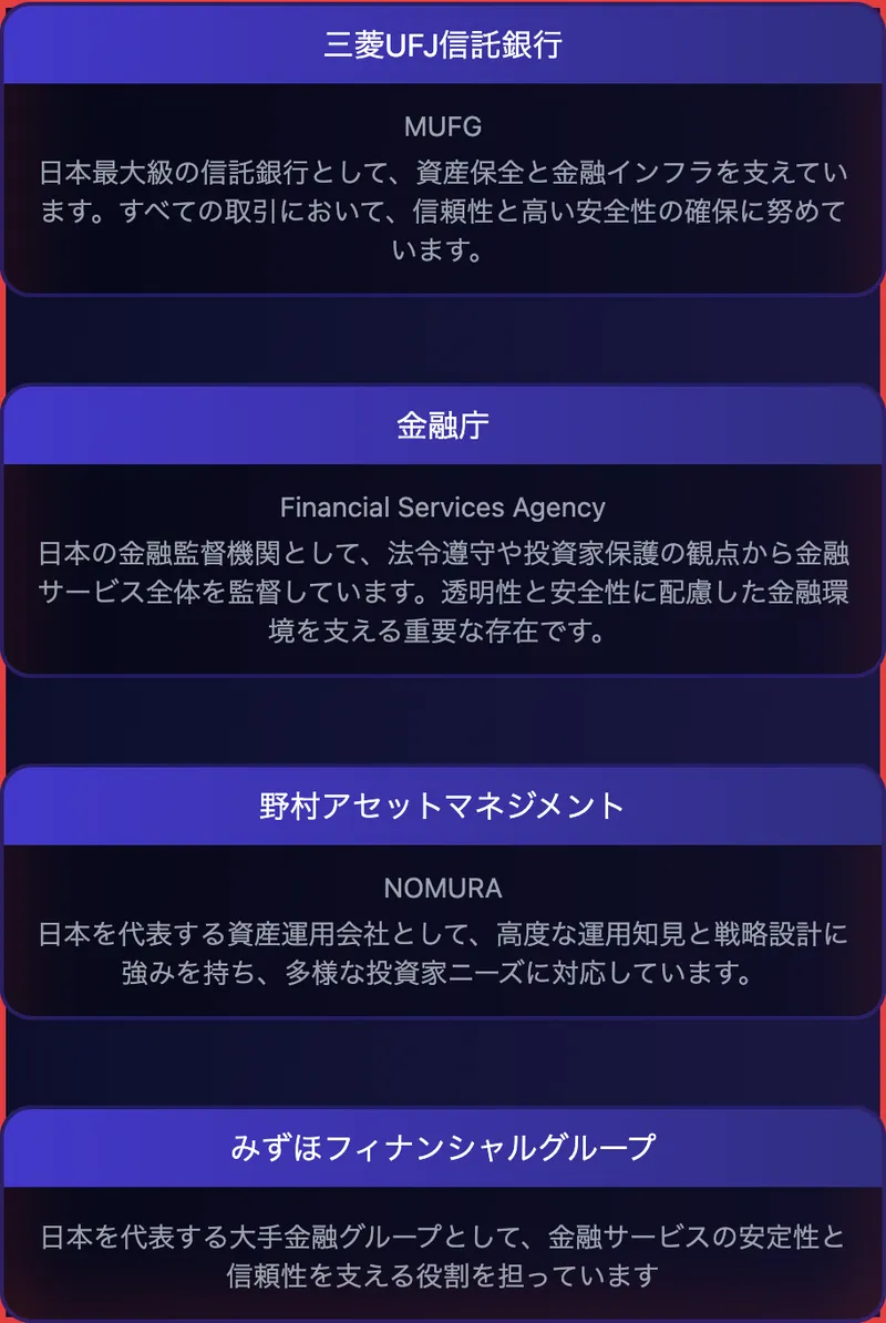 三菱UFJ信託銀行や金融庁、野村アセットマネジメント、みずほフィナンシャルグループのロゴを並べ、提携しているかのように見せた画面