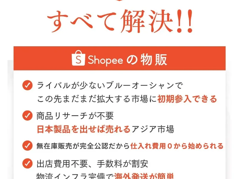 「無在庫販売が完全公認で仕入れ費用0」「物販の全工程を95%自動化」など、すべて解決とうたう広告ページ