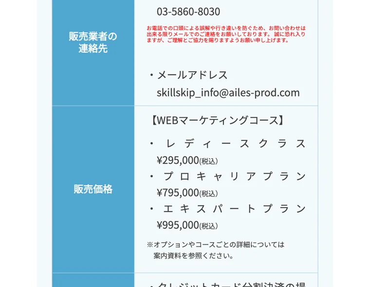 スキルスキップの販売価格としてレディースクラス29万5千円、プロキャリアプラン79万5千円、エキスパートプラン99万5千円と記載された特定商取引法のページ