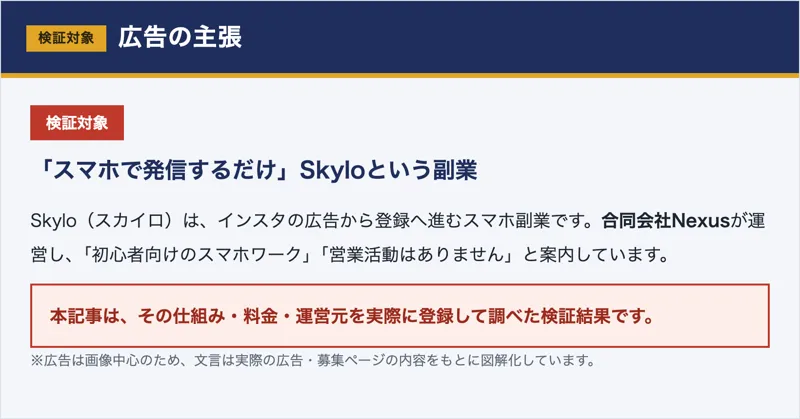 「スマホで発信するだけ」とうたうSkyloの広告内容と、合同会社Nexusが運営することを示した図解