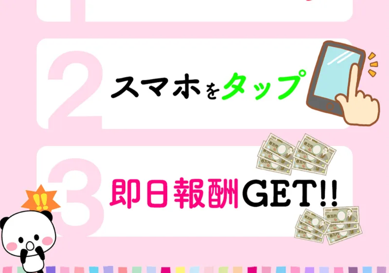 作業内容の続き。「2 スマホをタップ」「3 即日報酬GET!!」とお札のイラストとともに書かれている
